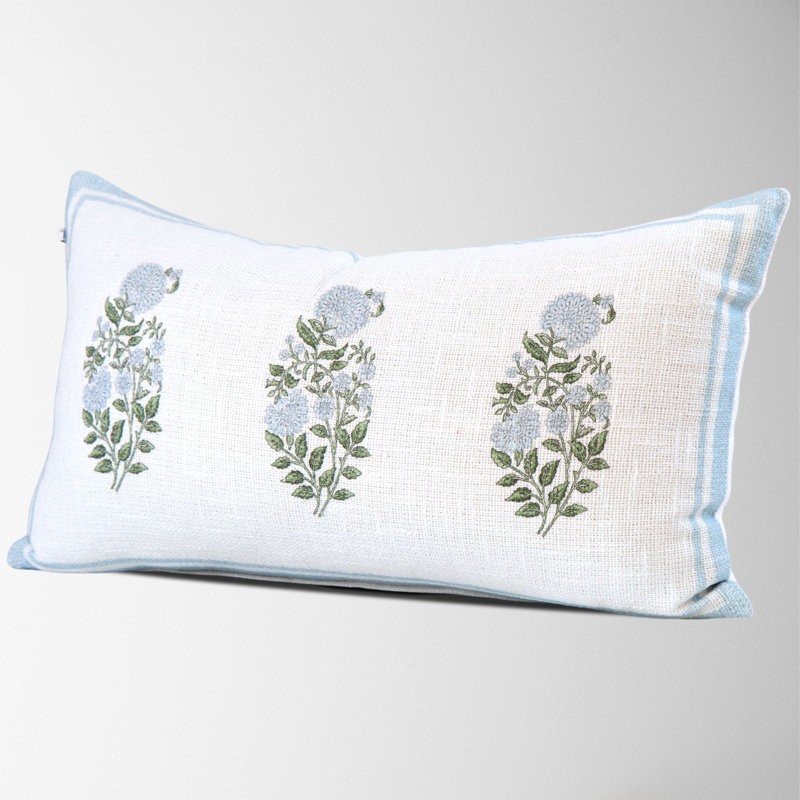Floral Cotton Pillow Cover, 14"H x 24"W, Sky Blue Floral, Lumbar