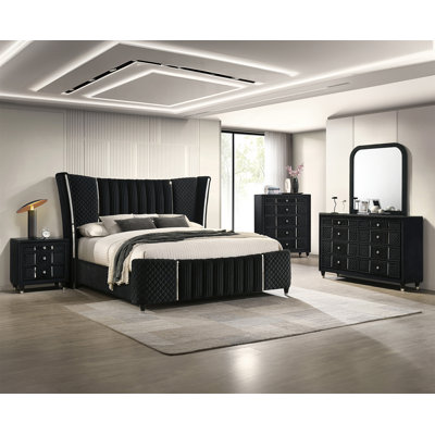 Table de chevet contemporaine en velours noir avec revêtement texturé luxueux
