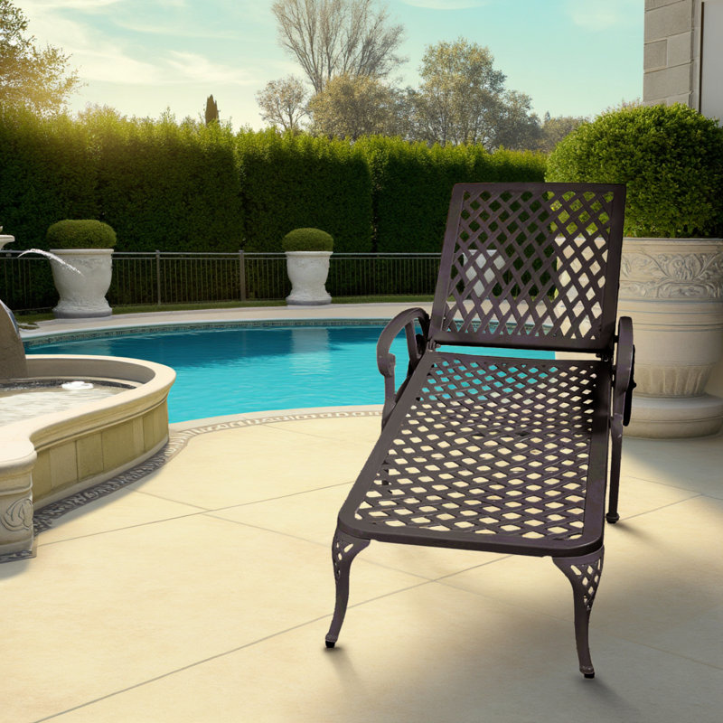 Unabril Adjustable Cast Aluminum Patio Chaise Lounge with Wheels and Reclining Backrest, Brown