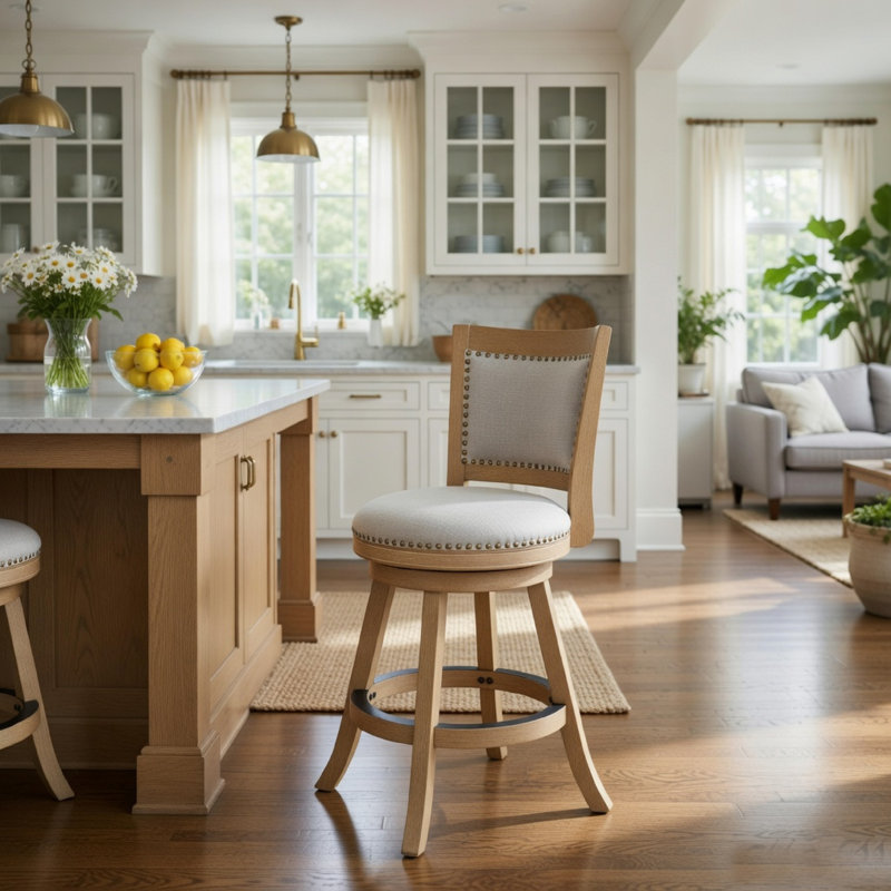 Tabouret de comptoir pivotant Kia, lin gris clouté, brun bois flottant
