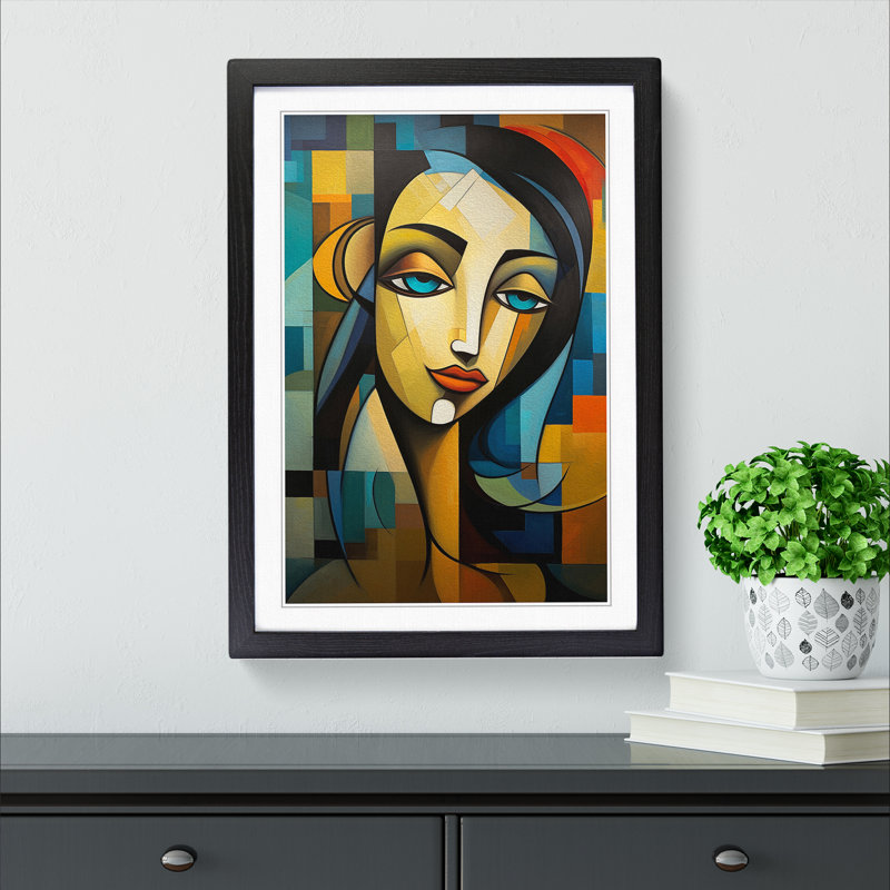 Indian Woman Cubism Art - Framed Print, 46cm H x 34cm W x 2cm D, Black Framed