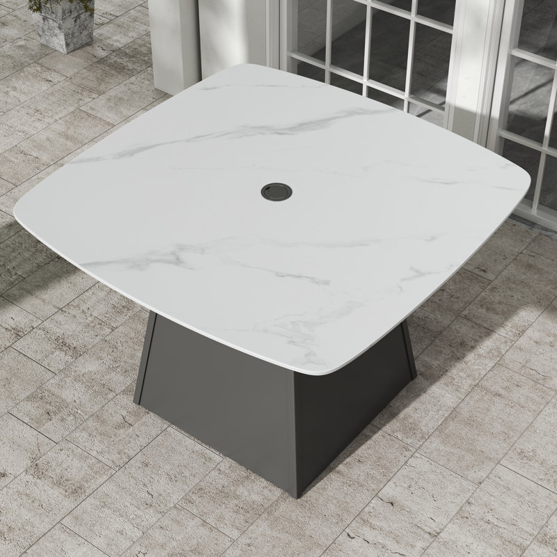 Table de salle à manger carrée blanche en aluminium fritté avec trou pour parasol, White