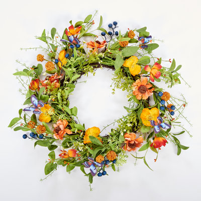 Couronne artificielle 26 "à papillons, fleurs et baies sur base de brindilles naturelles 26"