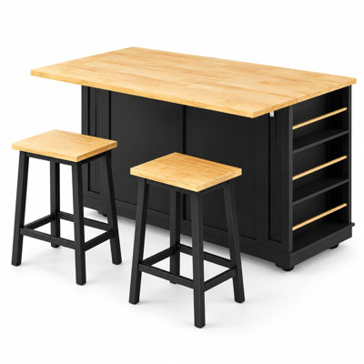 48-Inch Kitchen Island with 2 Bar Stools, Drop Leaf, Built-In Power Outlets and USB Ports, Barn Door Storage, 2 Drawers and 5 Concealed Wheels in Black