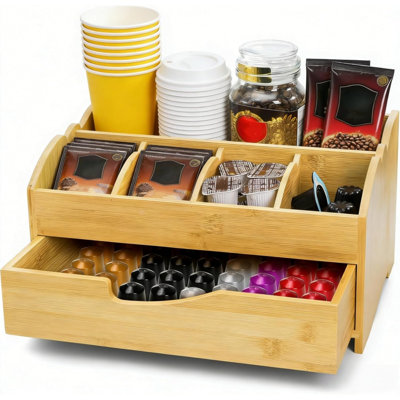 Bamboo Coffee Station Organizer for Countertop with Drawer, Coffee Pods Holder, Coffee Bar Accessories Organizer, Rustic Tea Condiment Storage Caddy for Creamer, Sugar Tea Bag, Cups