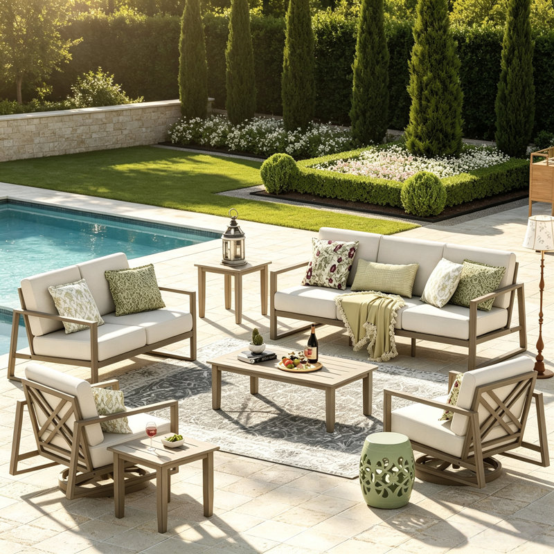 Hamarto 7 Pieces Aluminum Patio Swivel Conversation Sofa Seating Group With Olefin Cushions For 7 Person