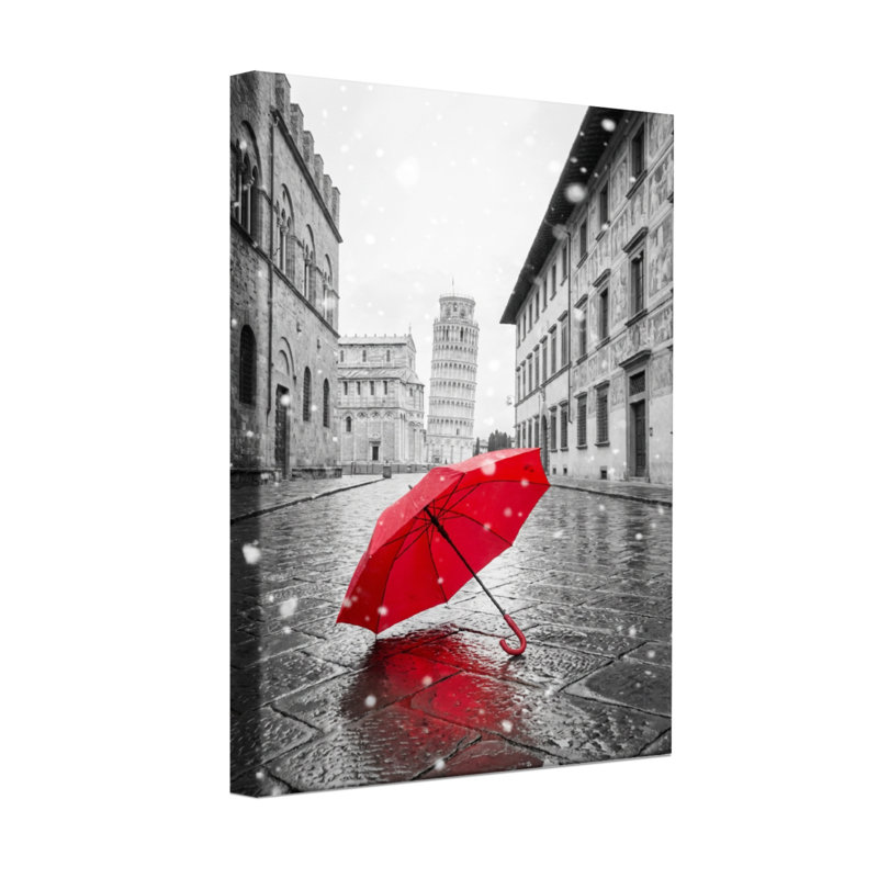 Parapluie rouge Scenic & Cityscapes sur une rue humide avec de la neige, H 18 po x l 12 po