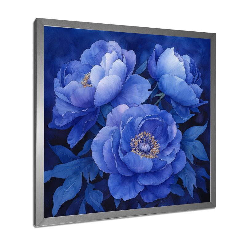 Minuit bleu pivoines Bouquet III - pivoines, art mural pour le salon, H 30 po x l 30 po, Argent argent
