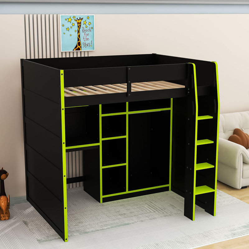 Lit mezzanine avec bureau, garde-robe et lumières RVB, Vert