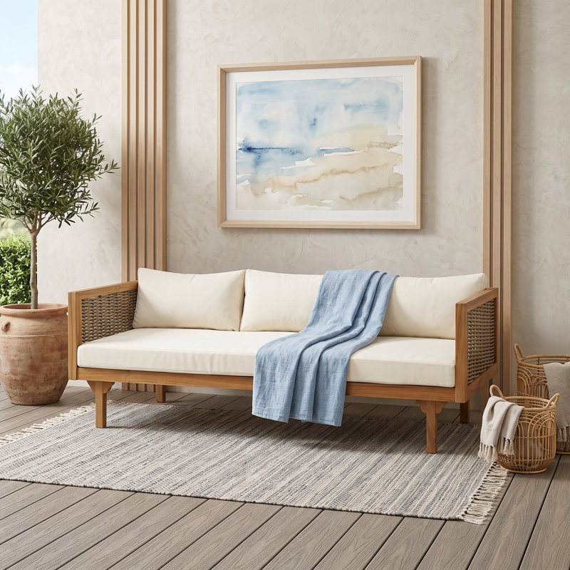 Canapé de patio 3 places en bois d'acacia avec accoudoirs en rotin, lit de jour d'extérieur avec siège à lattes, Beige