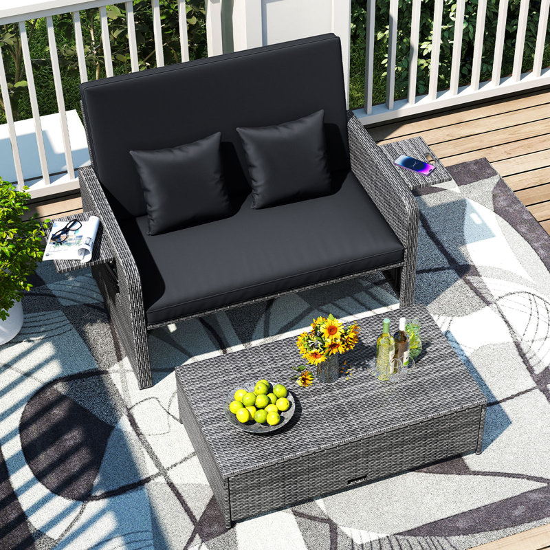 Boden 65" W Wicker Patio Daybed with Ottoman and Side Trays, Black