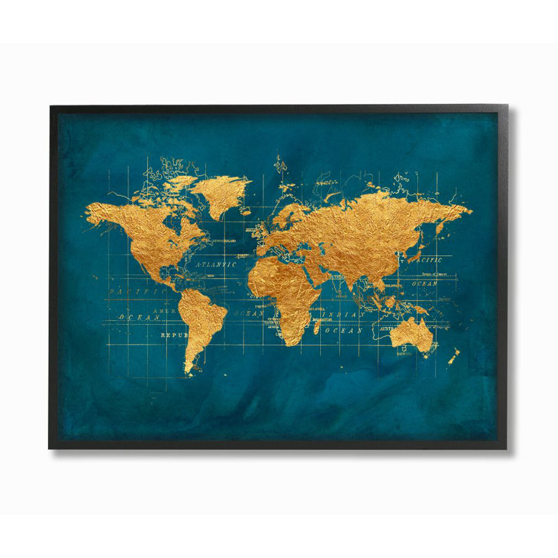 «World Map Gold Blue Texture Watercolor Map Design» par Beth Albert - impression d'art graphique, Giclée encadrée noir minuit