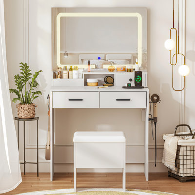 Bureau de coiffeuse avec tiroirs, miroir lumineux à DEL, prise de courant et tabouret de rangement pour armoire