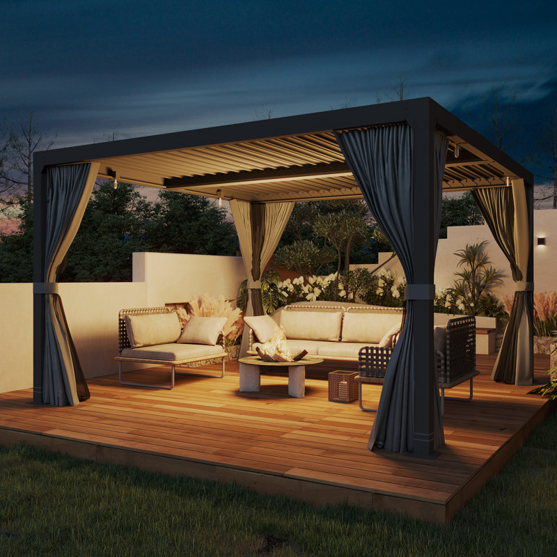 12 Ft. W x 12 Ft. D Louvered Pergola, Outdoor Aluminum Pergola with Adjustable Rainproof Roofs,  Gazebo with Curtains and Nets for Hot Tub and Patio Deck Backyard