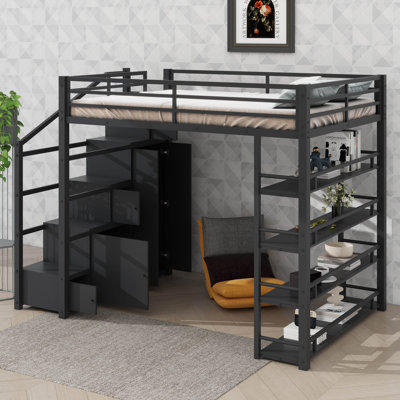 Queen-Size Metal Loft Bed With In-Built Storage Racks, Loft Bed With Integrated Cabinets & Closet