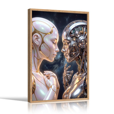 White And Silver Robots Facing Each Other In Starry Space Canvas Wall Art