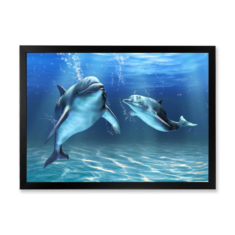 Deux dauphins bleus - Impression sur toile, H 24 po x l 32 po, Cadre noir
