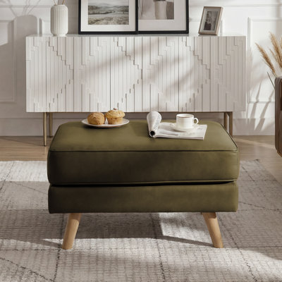 Repose-pieds rembourré de style Mid-Century de 29,7 po de largeur, repose-pieds en similicuir avec pieds en bois massif, tabouret de table basse pour le salon, la chambre à coucher et le vestibule