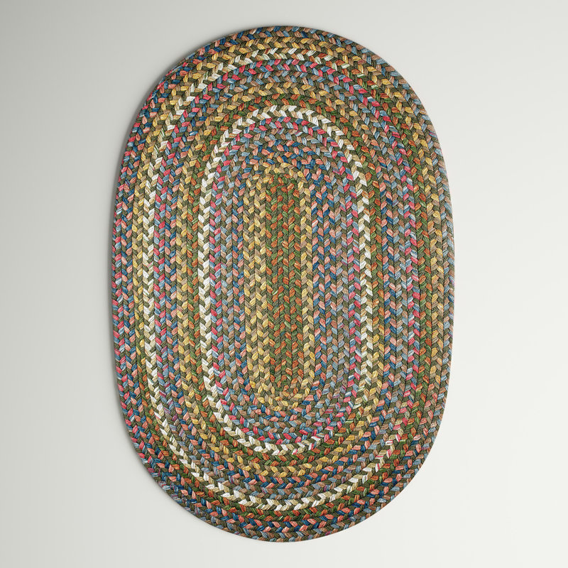 Tapis géométrique tressé à la main Orval, Vert/bleu, Ovale 2 pi x 3 pi
