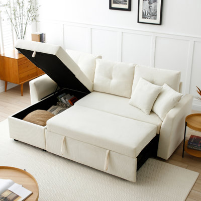 Lit avec méridienne réversible, canapé-lit en forme de L, 2 coussins, velours côtelé, blanc pour canapé-lit d'appoint avec salon