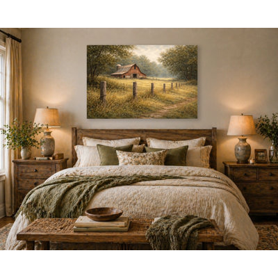 Farmhouse Barn Landscape Wrapped Canvas Wall Art, Rustic Country Field Scene Wall Decor for Living Room Bedroom Entryway