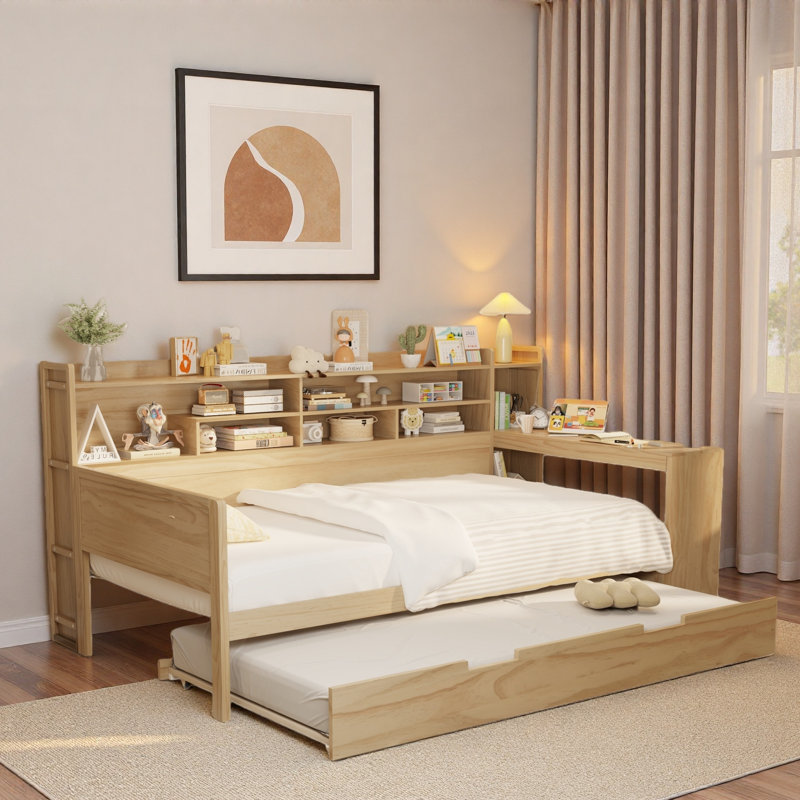 Multifunctional Wooden Daybed With Storage Shelves, Study Desk And Trundle, Natural, Twin