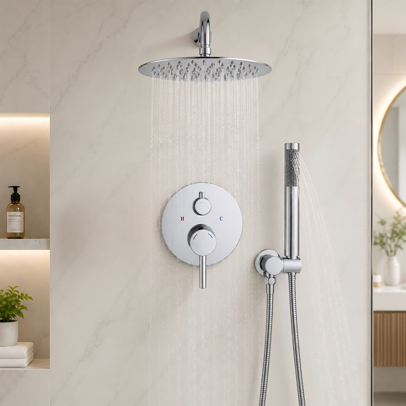 Ensemble de système de douche (mural) avec une douche à effet pluie de 11 pouces de diamètre et une douche à main, fini avec un placage chromé.