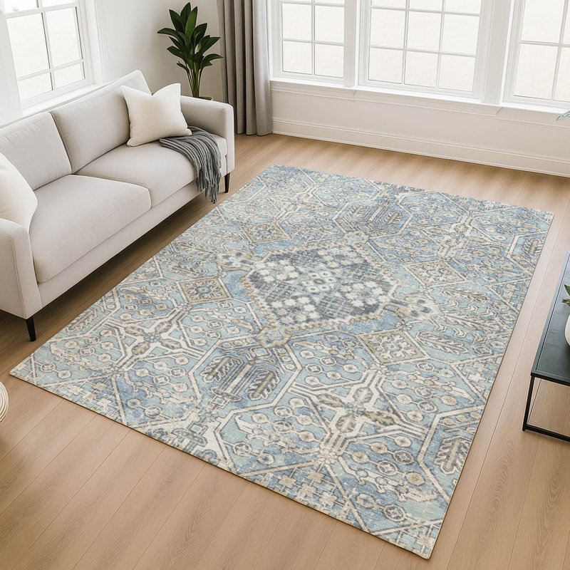 Premium Machine Washable Mayfield AMF2197 global Rug, Sky, 8' x 10'