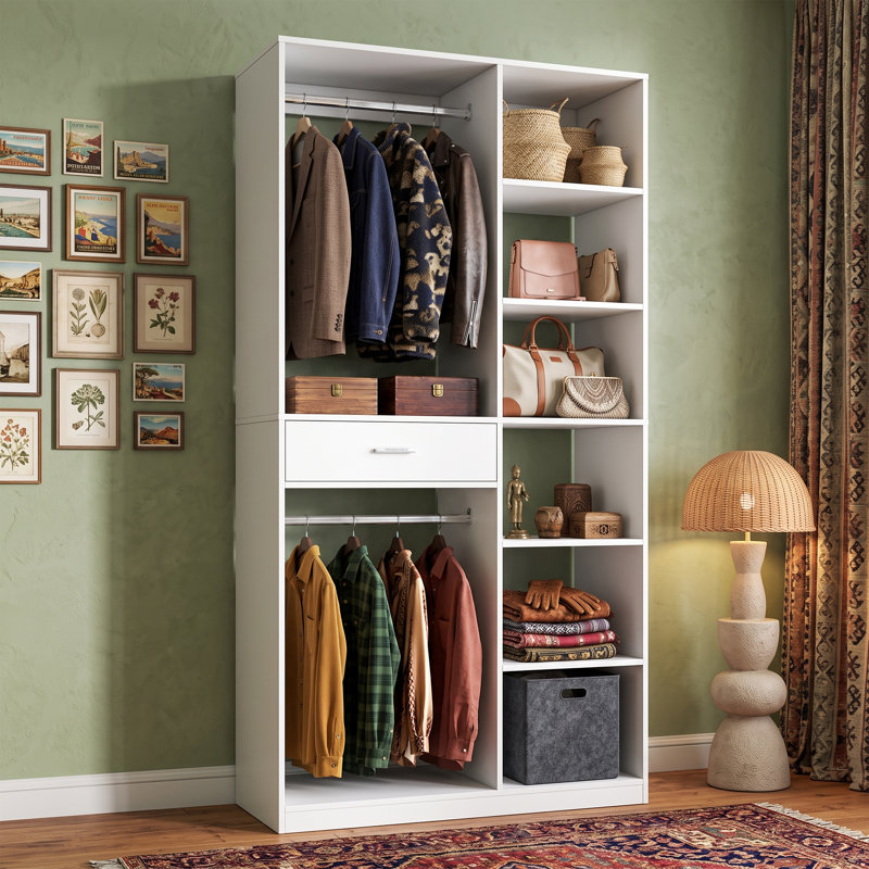 Armoire-penderie autoportante avec 2 tringles, 6 tablettes ouvertes et 1 tiroir, blanche