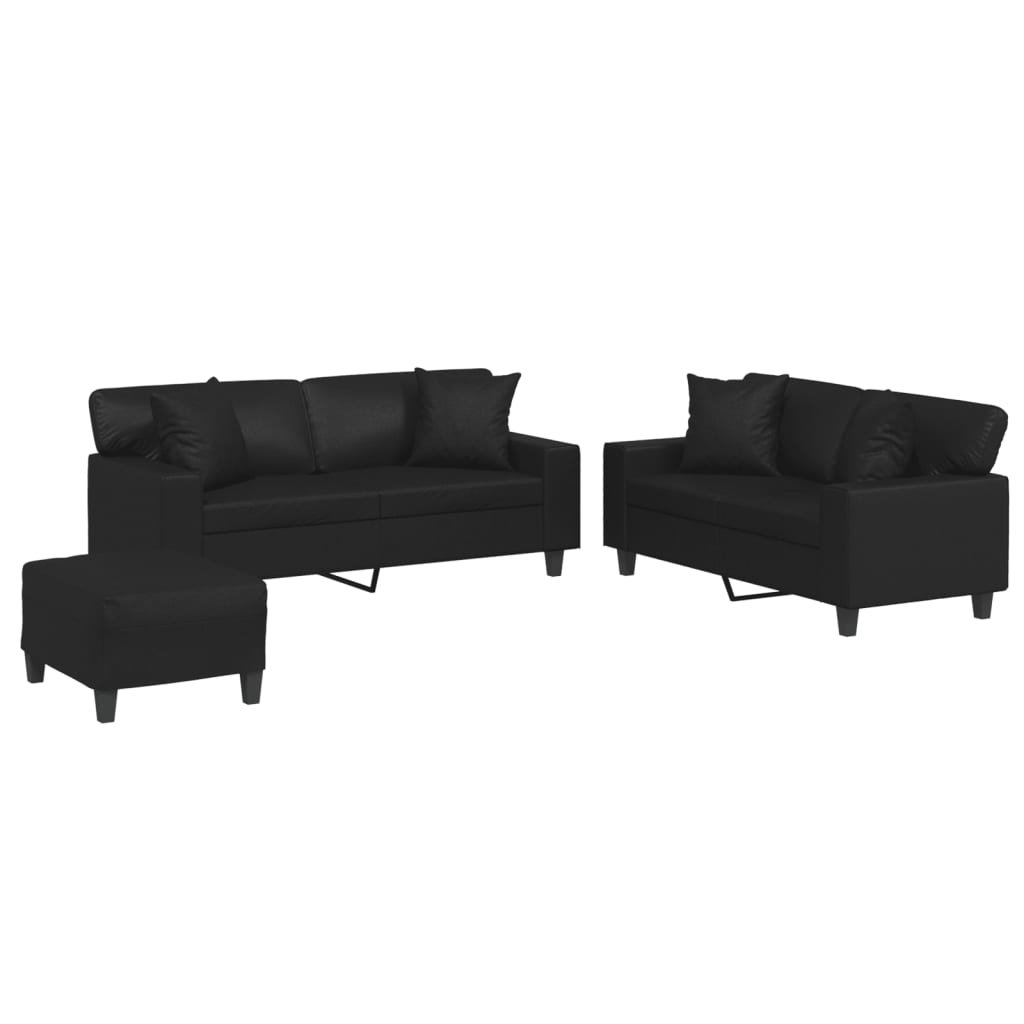 Latitude Run® 3 Piece Sofa Set With Pillows Black Faux Leather | Wayfair