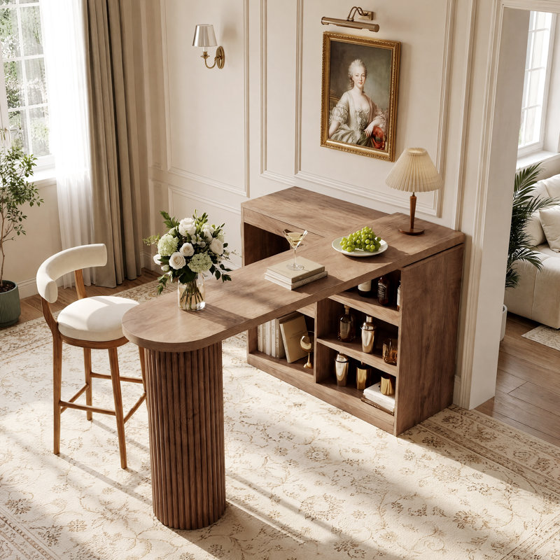 L-Shaped Bar Table with 360° Rotatable Storage Shelves