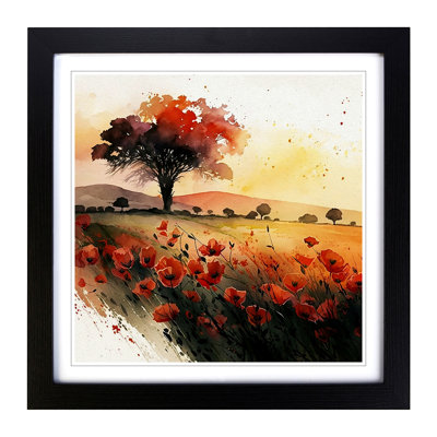 Poppy Field Watercolour No.1 - Single Picture Frame Print on Wood
