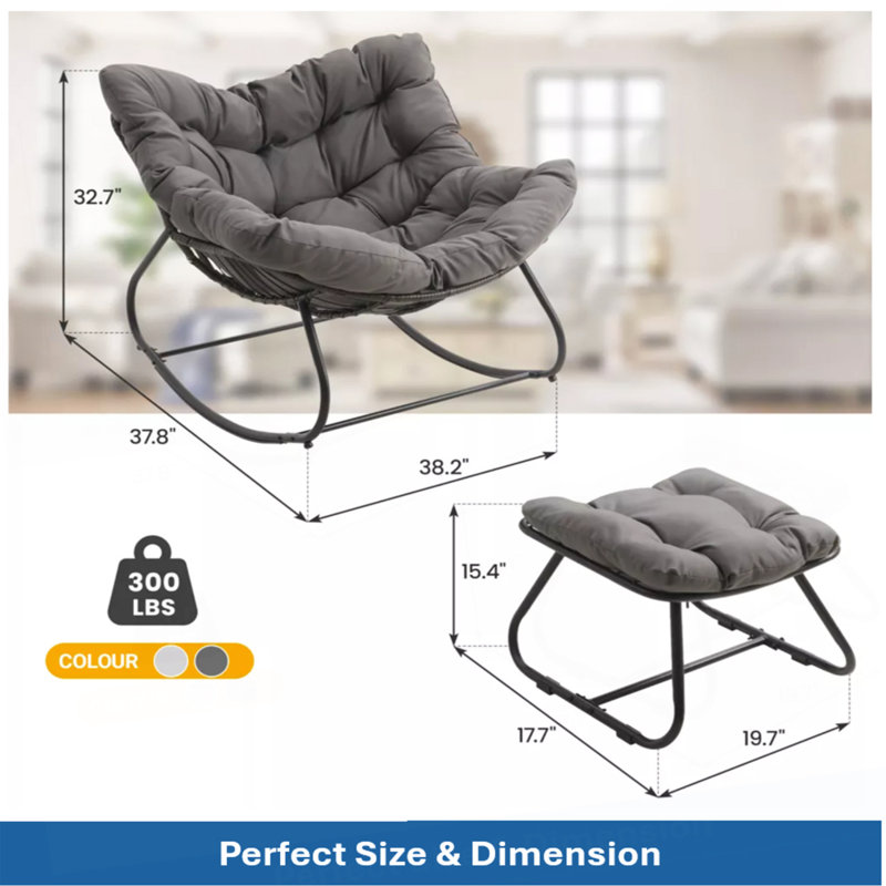 Chaise berçante avec repose-pieds, repose-pieds et coussins en osier gris foncé, Grey
