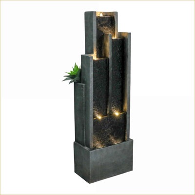 Fountains | 4-Tier 50.7" LED Indoor Outdoor Water Fountain, Modern for Garden Patio Yard Deck Decor | Gray | Resin