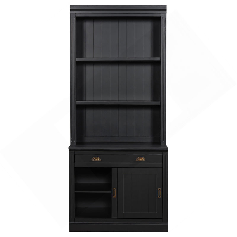 Bibliothèque de 83,4 po de hauteur, bibliothèque moderne avec portes coulissantes et tablettes ouvertes, bibliothèque de rangement pour le salon, bureau personnel, noir