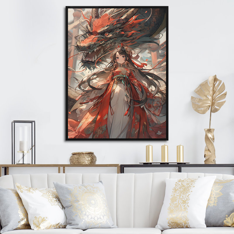 Red Princess Dragon II - reproduction d'art murale asiatique, Encadrement doré, H 20 po x l 12 po