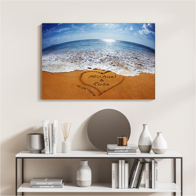 Personalized Beach Heart Canvas Wall Art with Custom Names & Date – Romantic Ocean Shore Décor for Couples, Weddings, and Anniversaries
