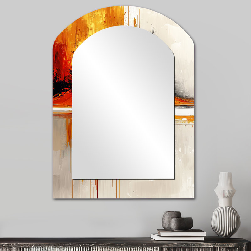 Abstract Autumn Forest In Ethereal Horizon II - Landscapes Arch Unique Wall Mirror Decor, Gold Asymmetrical Large Mirror, Printed Metal Art