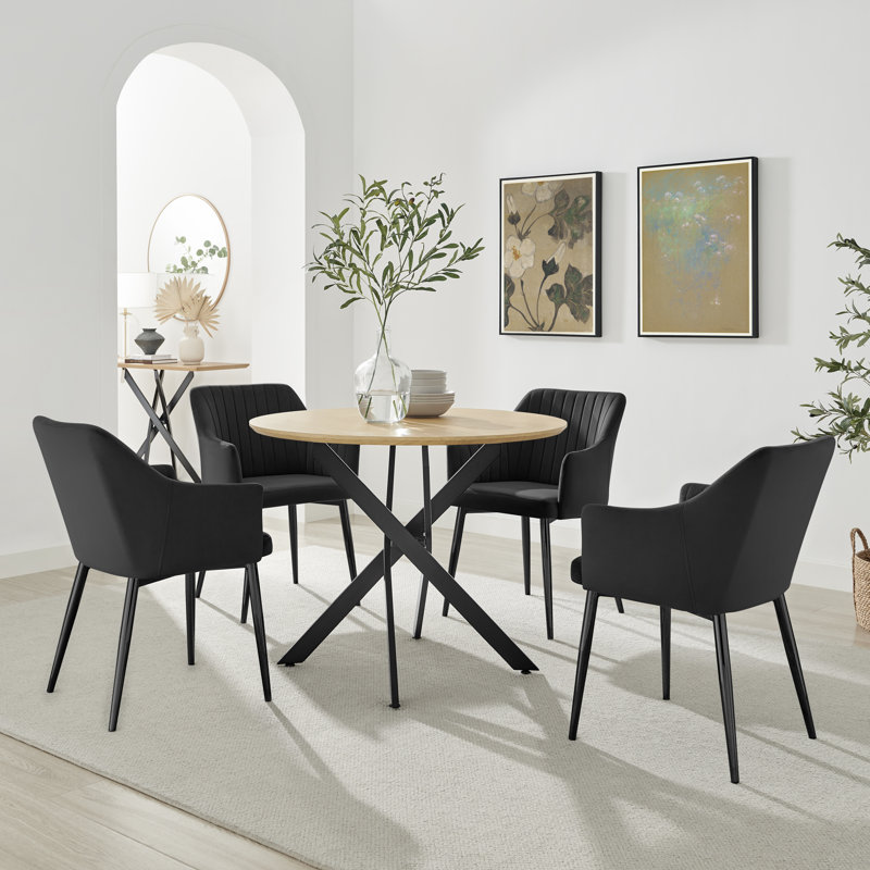 Hadlow Veneer & Metal Round Dining Table With Calley Fabric Chairs - Modern Statement Design, 4