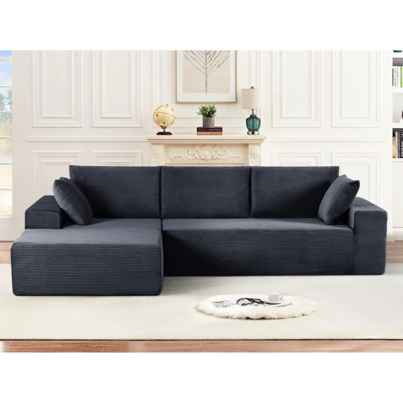 Convertible Sectional In Dark Gray Soft Corduroy, 4 - Seat With Full Foam Cushioning, No Assembly For Bedroom Relaxation Sleeper Design, Living Room