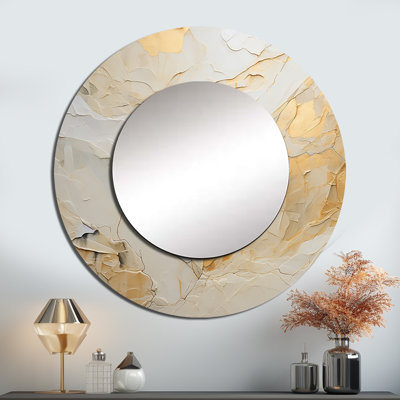 Beige et or, pierre de glacier Simplicity II - formes abstraites, décor de miroir mural, grand miroir rond moderne, impression d'art en métal