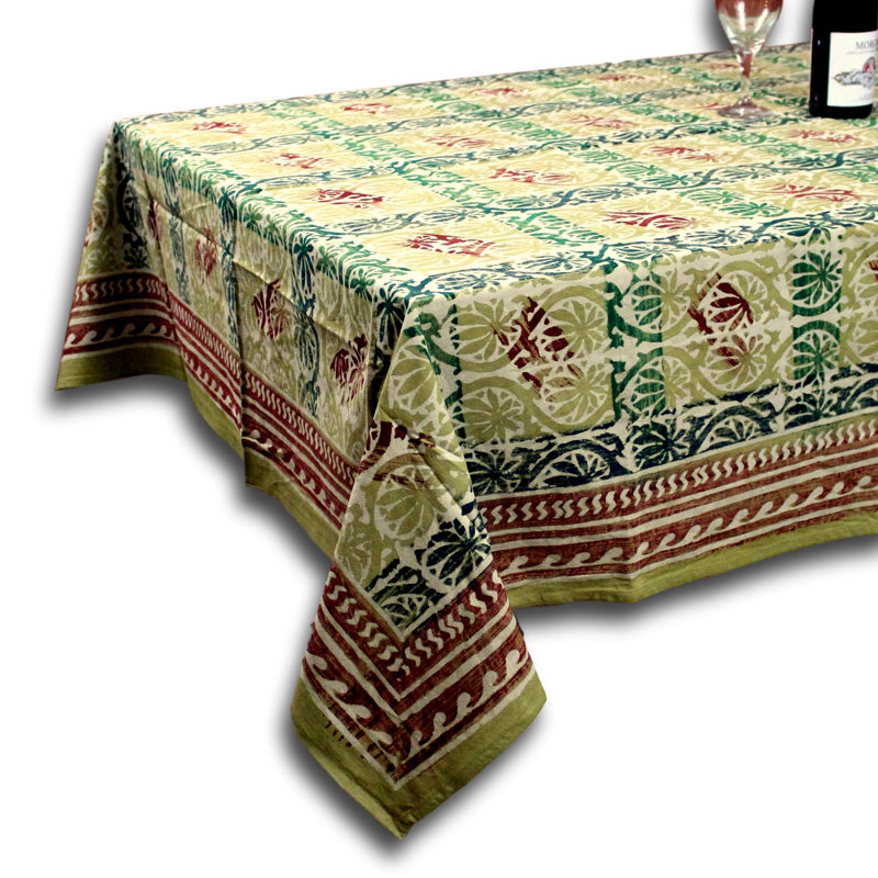 Hand Block Print Cotton Floral Tablecloth Beige Green, 104" L x 70" W