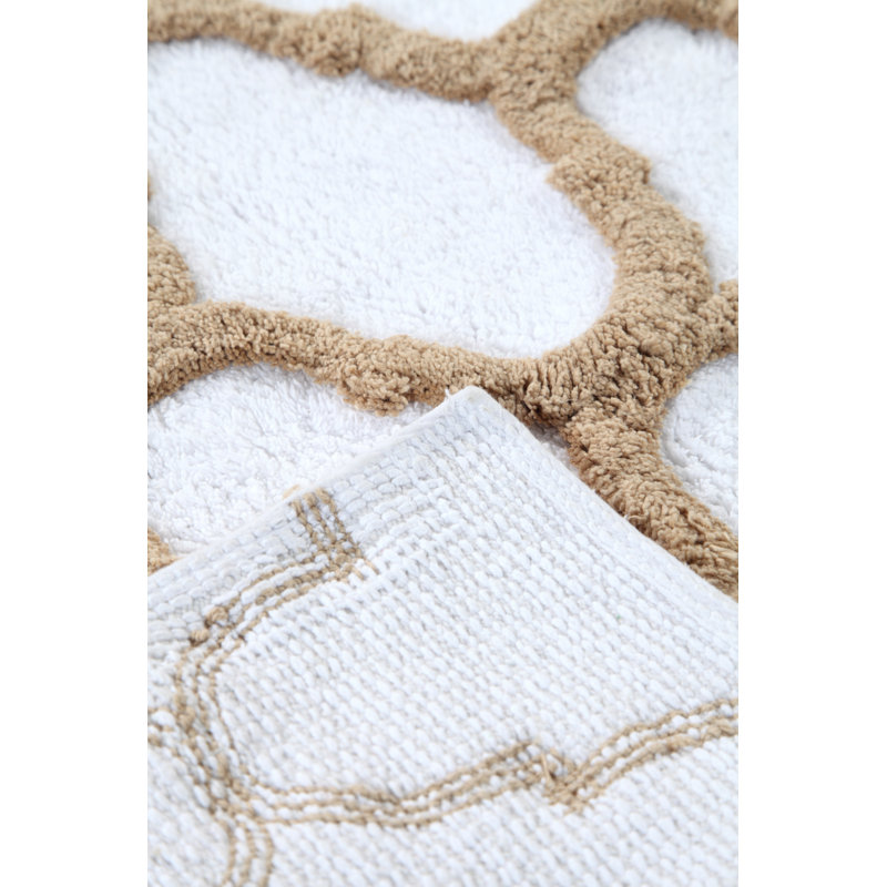 Ivory and Beige Cotton Geometric Pattern Bath Rug Set
