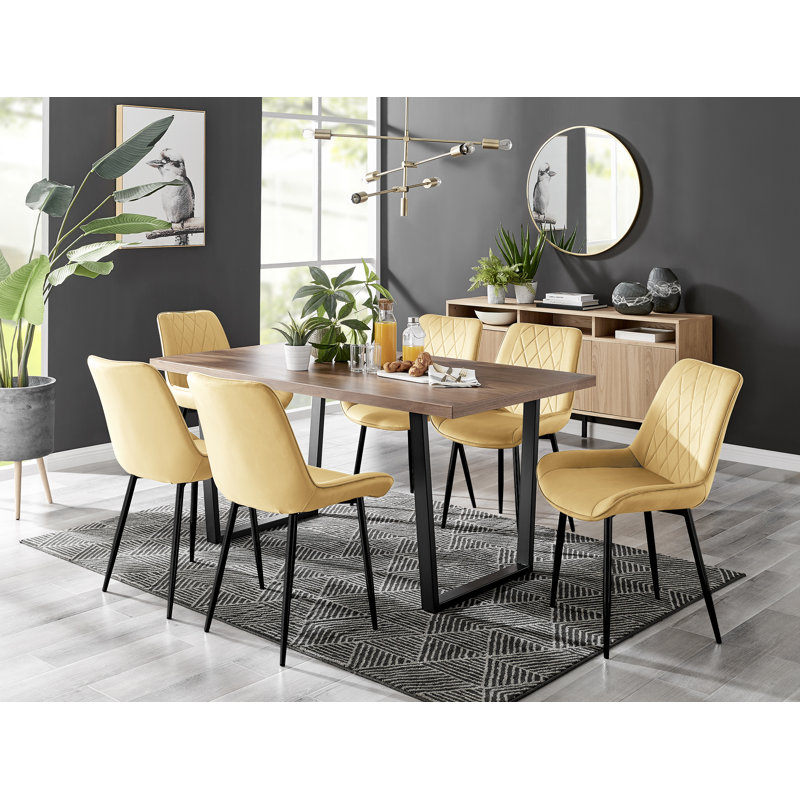 Modern Marble And Silver Dining Table Set With 6 Luxury Velvet Dining Chairs, Yellow/Black, Brown
