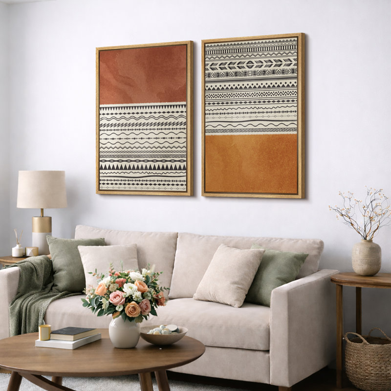 «Geometric Line», «Orange brun Tribal Boho Artwork», images murales bohémiennes abstraites, impression sur toile encadrée, 2 pièces