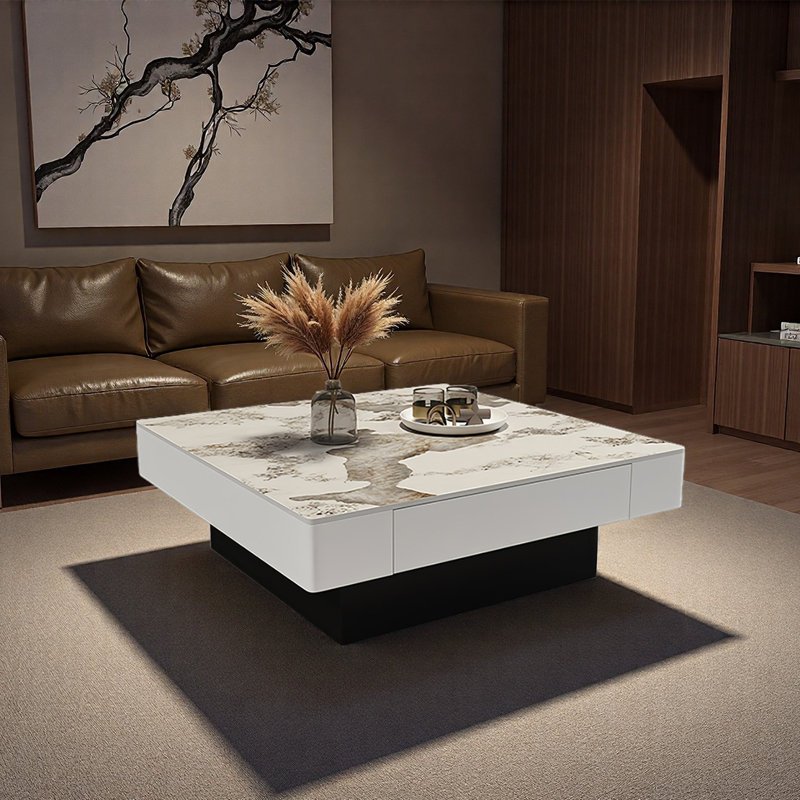Modern square granite slab coffee table, 13.8" H x 27.6" L x 27.6" W, White