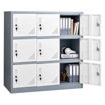 Casier en métal à 9 portes, armoire de rangement verrouillable en acier, capacité de charge de 66 lb, 2 clés pour chaque porte, casiers à 3 niveaux pour le bureau, l'école, le gymnase, assemblage facile, 35,4 x 17,7 x 37 po, gris
