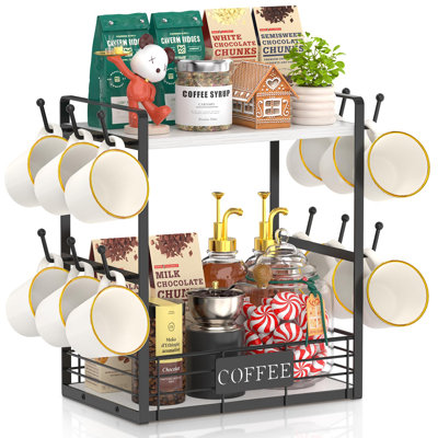 Coffee Mug Cup Holder Tree Bar Station Organizer For Countertop, Storage Shelf With 12 Hooks, White-Black