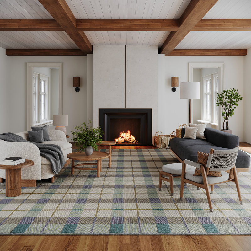 Sundara Modern Plaid Indoor/Outdoor Rug, Blue, Rectangle 9' x 12'