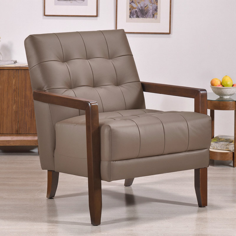 Élégante chaise d'appoint moderne en cuir orange avec détails capitonnés et finition en bois de noyer, Brun